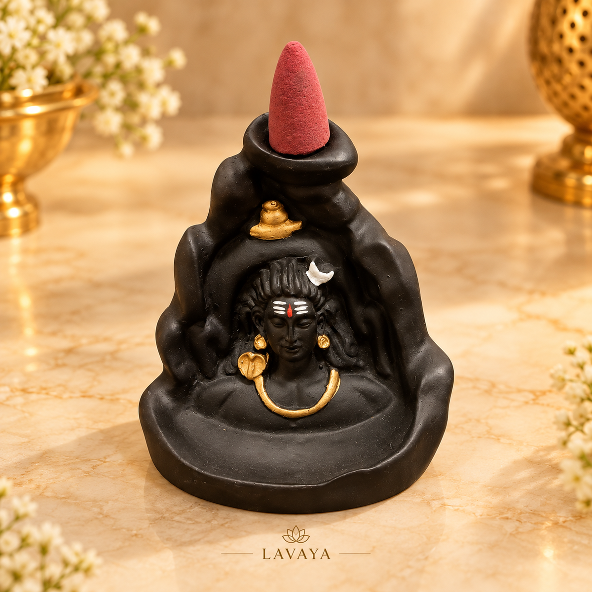 Lavaya Divine Lord Shiva Mahadev Backflow Incense Burner – Black & Gold Smoke Fountain with Meditation Idol for Pooja, Home Décor & Gifting