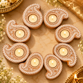 Traditional Handcrafted Wooden Paisley Diya Holders Set of 8 – Decorative Floral Tealight Candle Holders for Diwali, Pooja & Home Décor