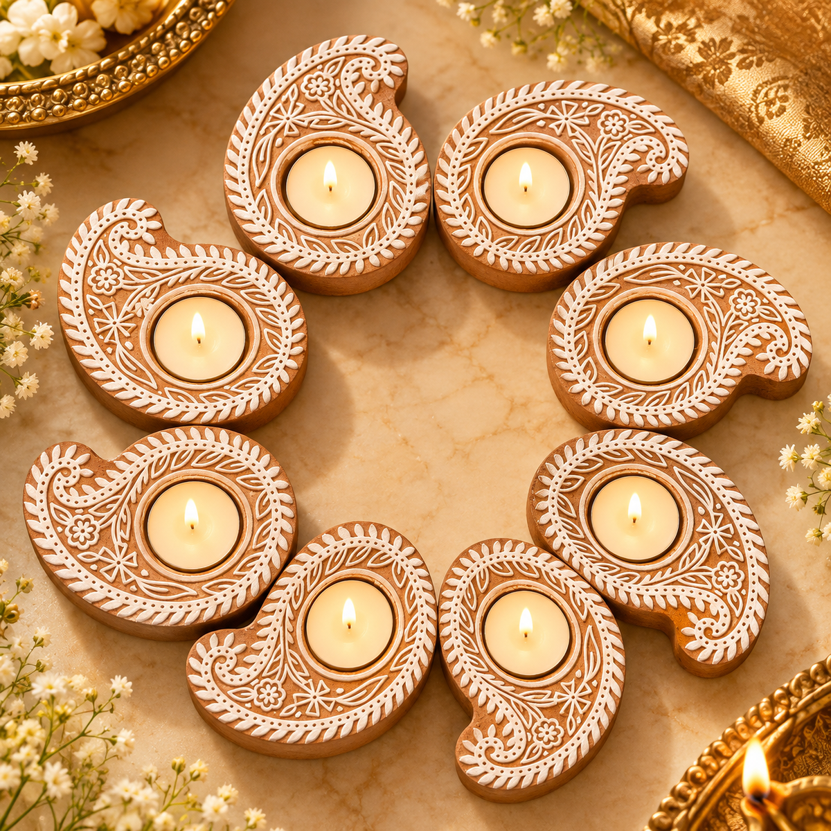 Traditional Handcrafted Wooden Paisley Diya Holders Set of 8 – Decorative Floral Tealight Candle Holders for Diwali, Pooja & Home Décor