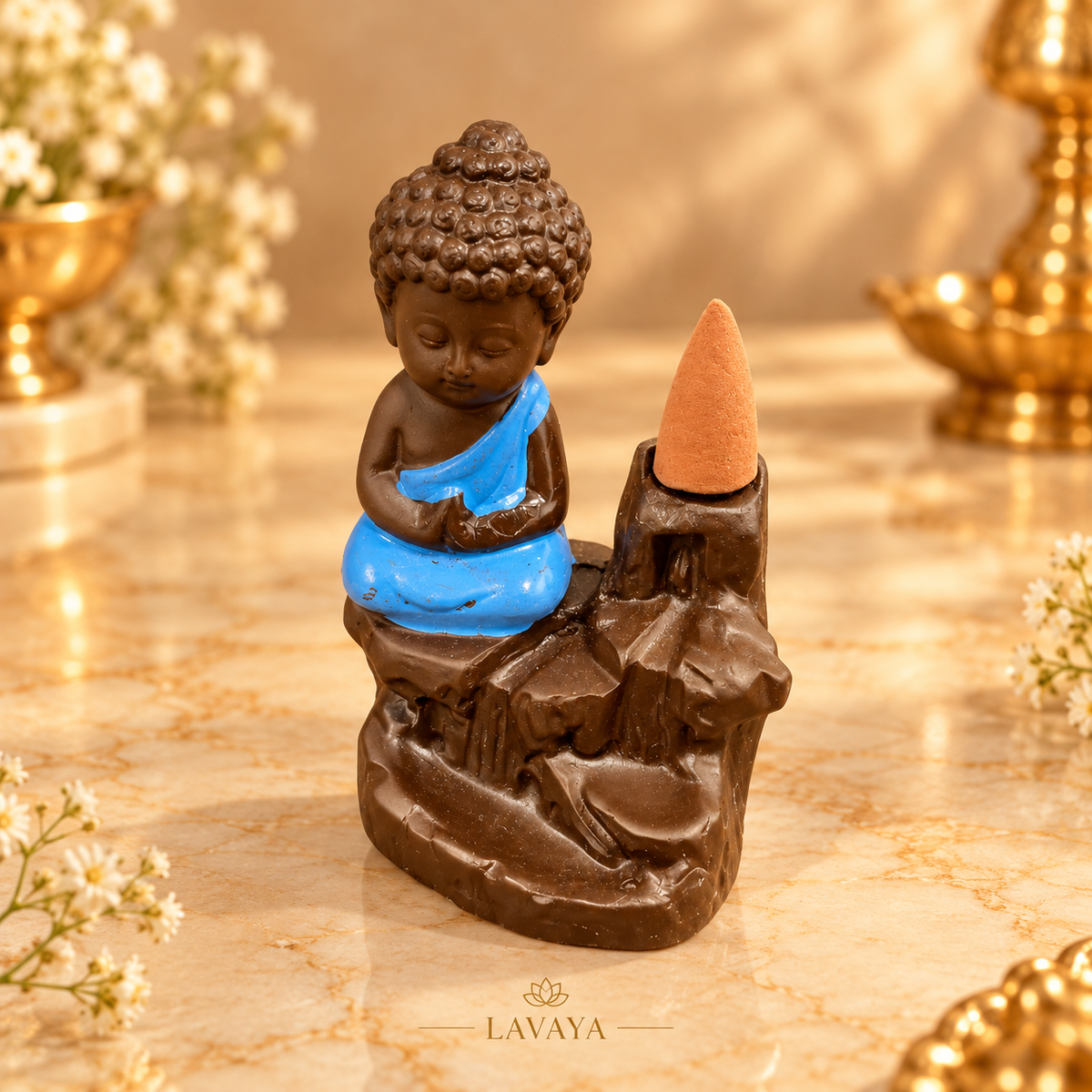 Lavaya Mini Buddha Backflow Incense Burner – Meditation Monk Smoke Fountain with Blue Robe for Home Décor, Meditation & Aromatherapy