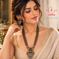 LAVAYA Dual-Tone Temple Haram Necklace with Grey Heart Pendant & Matching Drop Earrings for Women