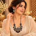 Oxidized Silver Elephant Motif Long Necklace Set with Mint Green Stones & Black Drops