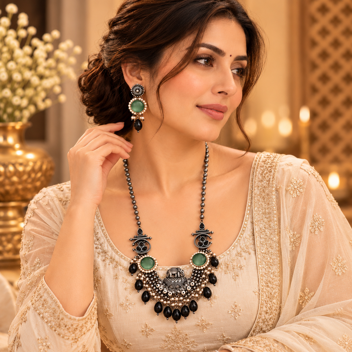 Oxidized Silver Elephant Motif Long Necklace Set with Mint Green Stones & Black Drops