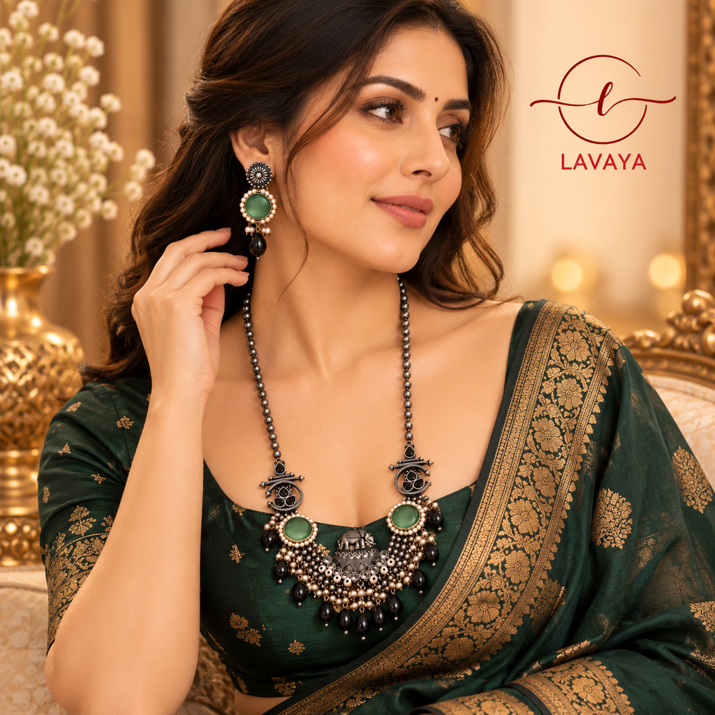 Oxidized Silver Elephant Motif Long Necklace Set with Mint Green Stones & Black Drops
