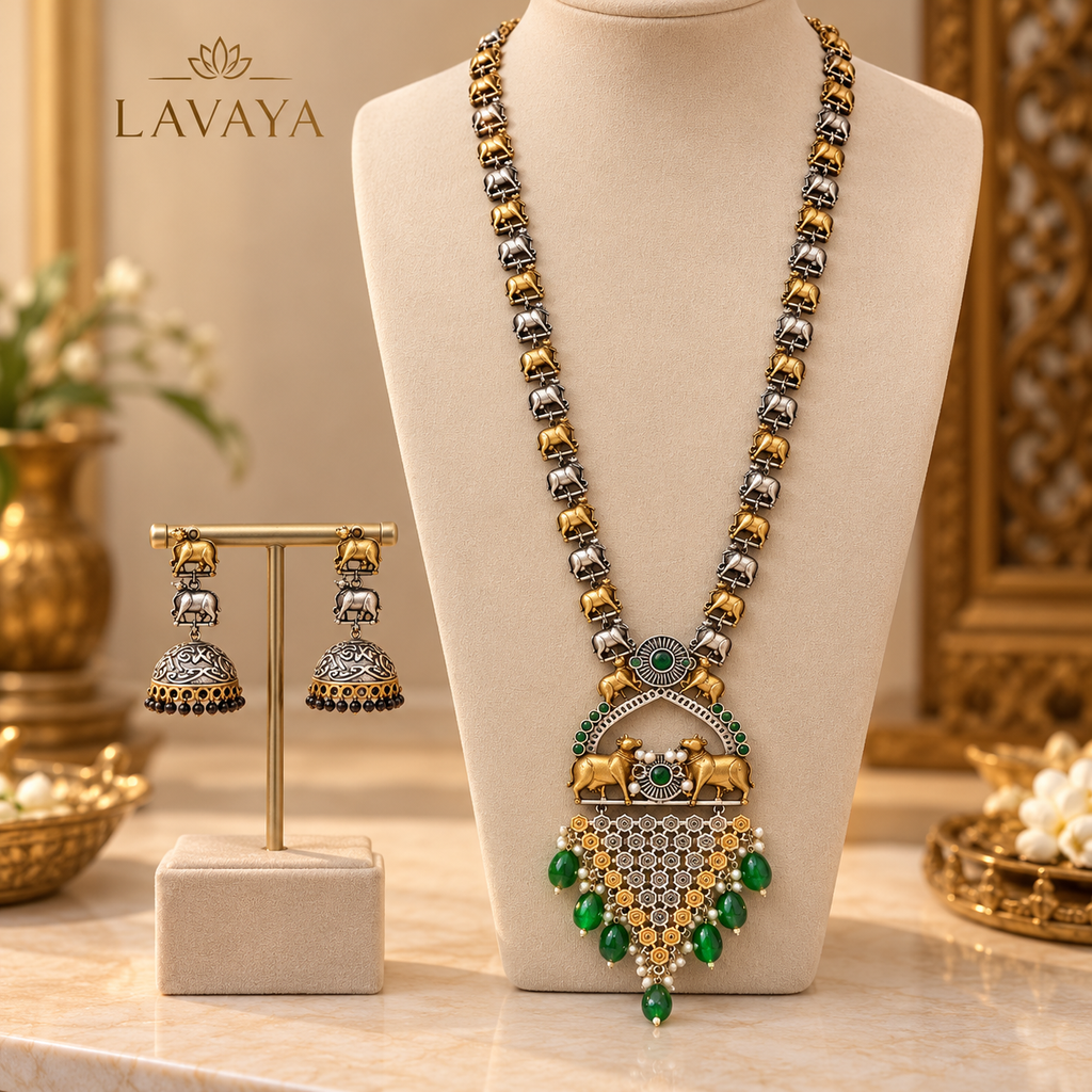 Royal Dual-Tone Elephant Motif Necklace Set with Green Stone Drops & Jhumka Earrings