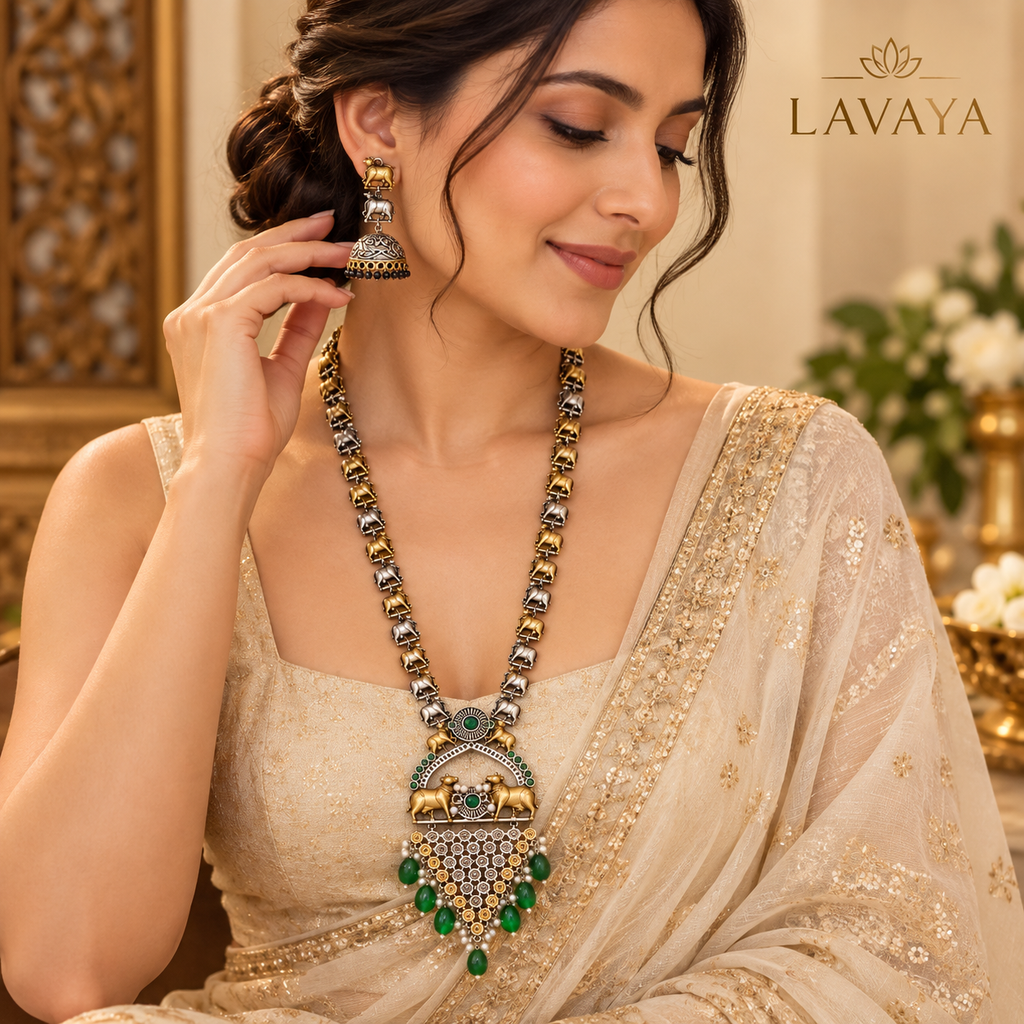 Royal Dual-Tone Elephant Motif Necklace Set with Green Stone Drops & Jhumka Earrings