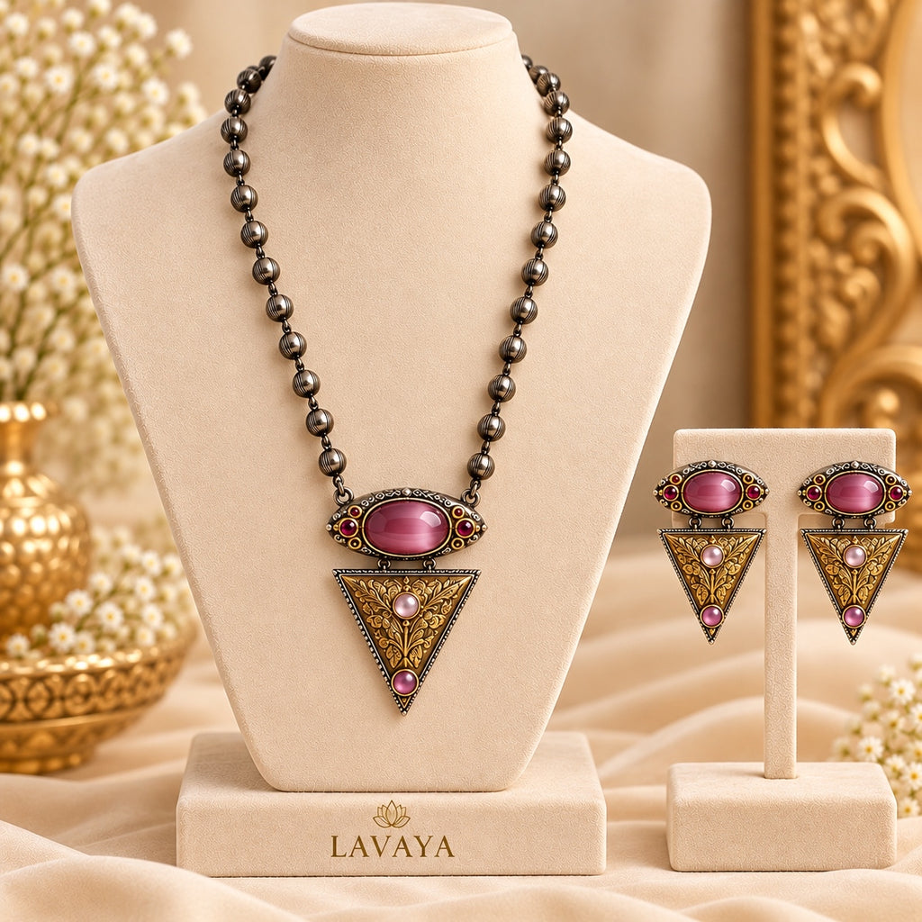 Royal Pink Stone Geometric Triangle Pendant Necklace Set with Matching Earrings