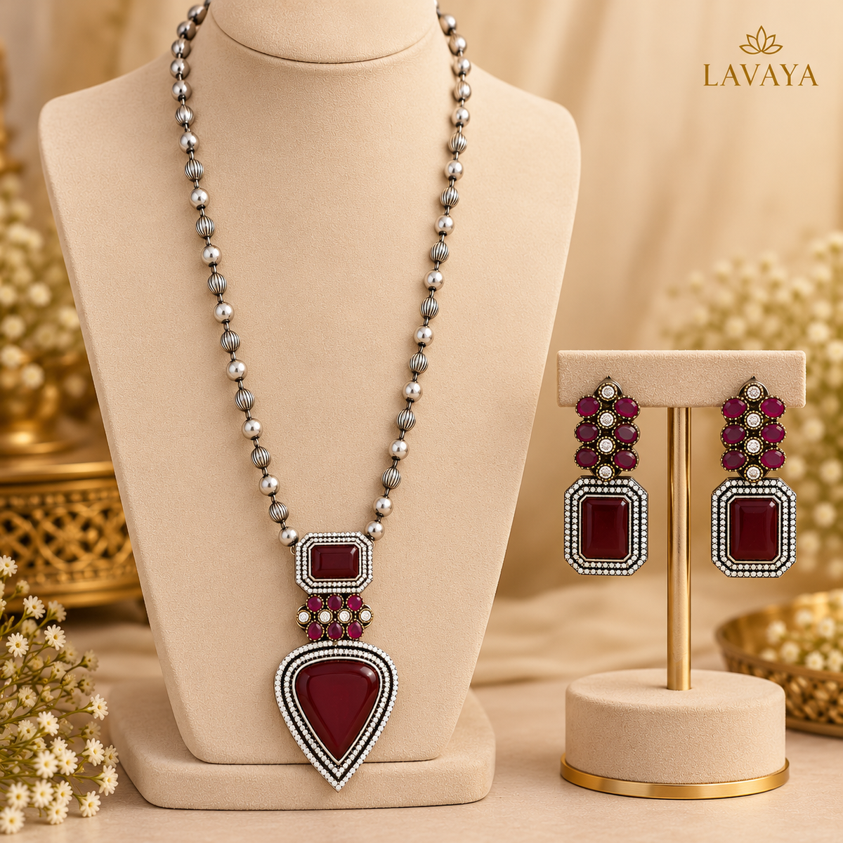 Royal Ruby Red Geometric Stone Oxidized Silver Necklace Set with Matching Drop Earrings