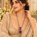 Royal Ruby Red Geometric Stone Oxidized Silver Necklace Set with Matching Drop Earrings