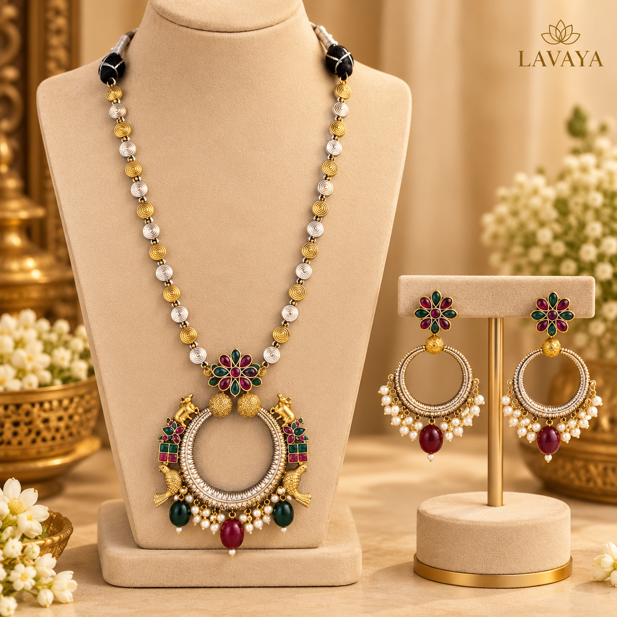 Royal Dual-Tone Floral Chandbali Necklace Set with Ruby & Emerald Green Beads