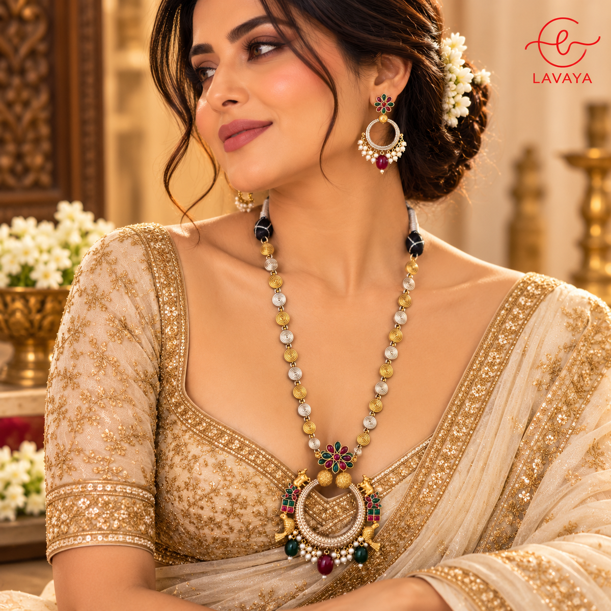 Royal Dual-Tone Floral Chandbali Necklace Set with Ruby & Emerald Green Beads