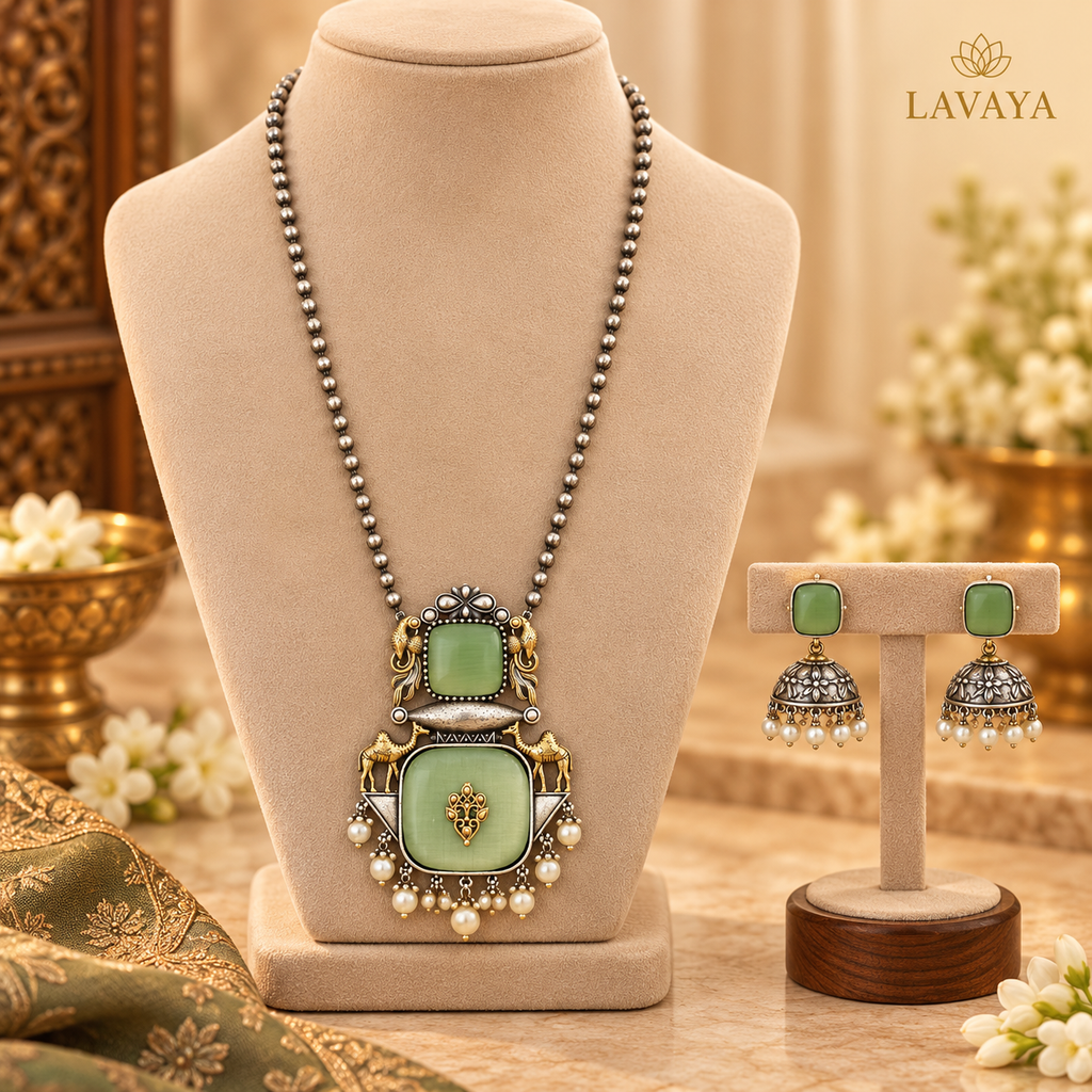 Royal Mint Green Stone Oxidized Silver Elephant Motif Necklace Set with Pearl Jhumka Earrings