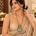 Royal Mint Green Stone Oxidized Silver Elephant Motif Necklace Set with Pearl Jhumka Earrings