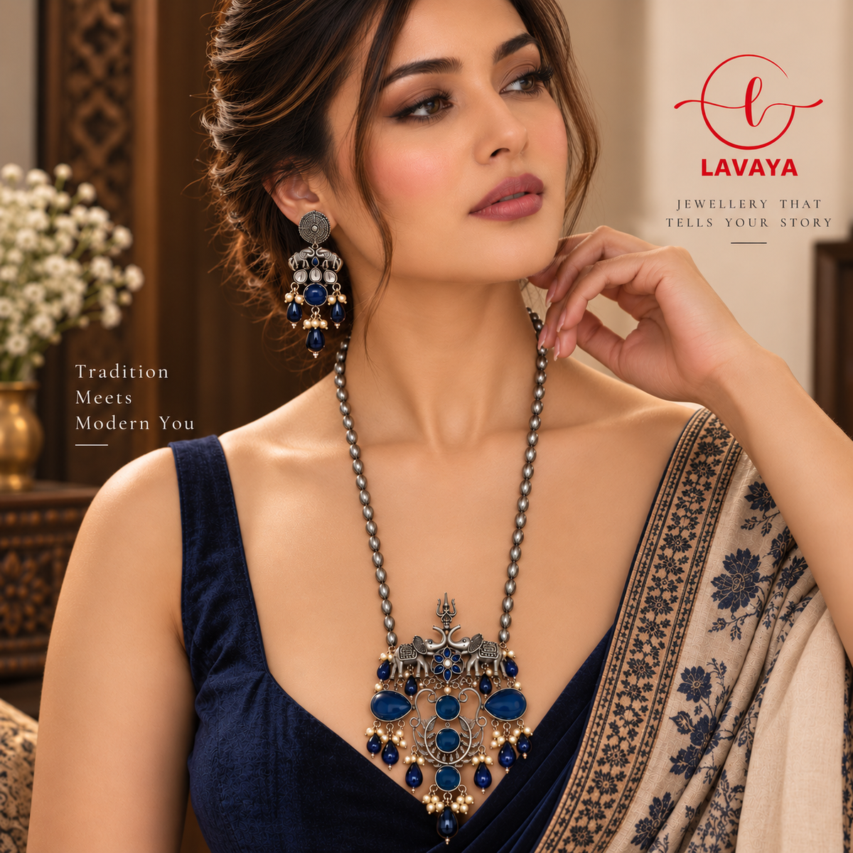 Royal Sapphire Blue Stone Oxidized Silver Elephant Motif Necklace Set with Matching Earrings