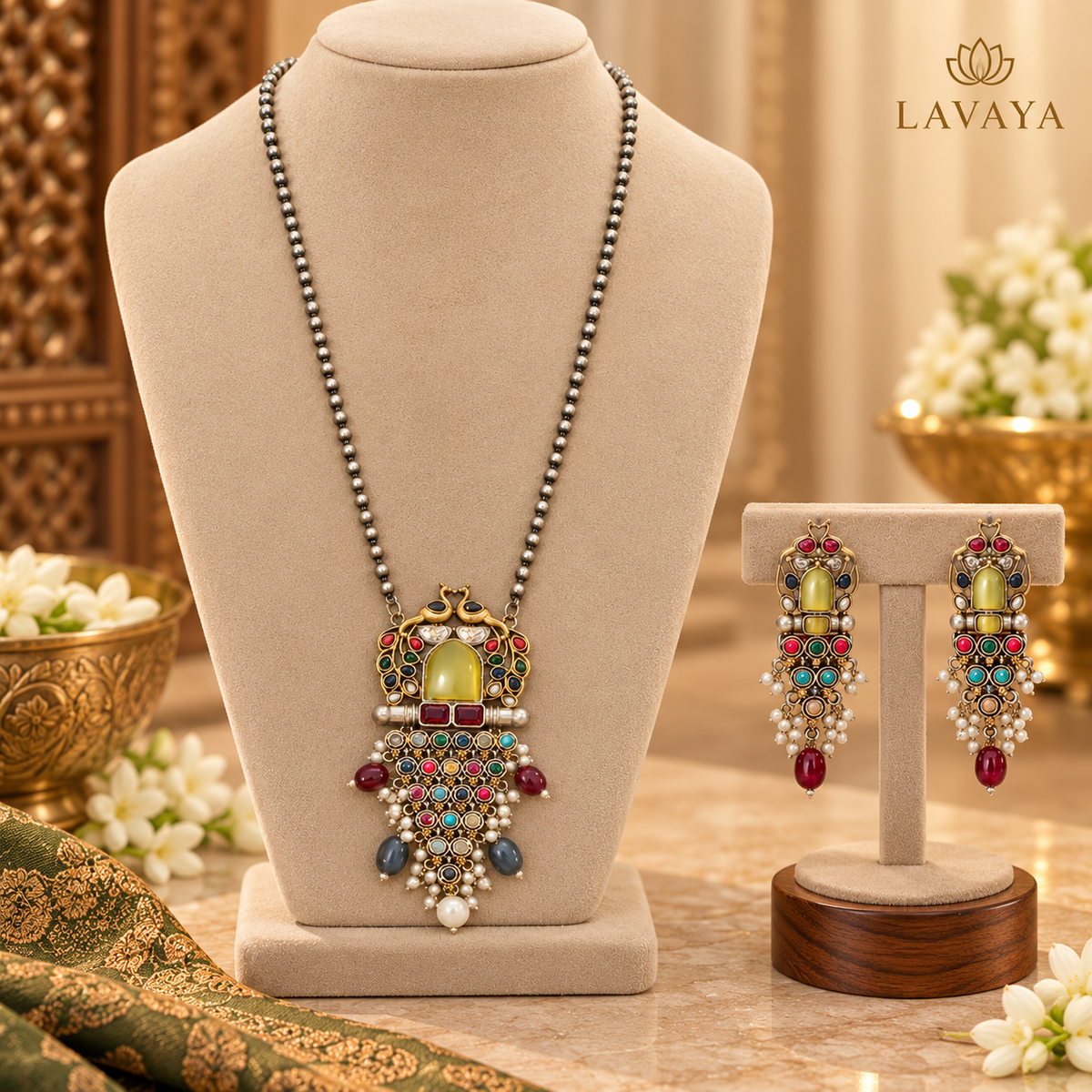 Royal Multicolor Stone Antique Gold & Oxidized Silver Necklace Set with Pearl Drop Earrings