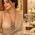 Royal Multicolor Stone Antique Gold & Oxidized Silver Necklace Set with Pearl Drop Earrings