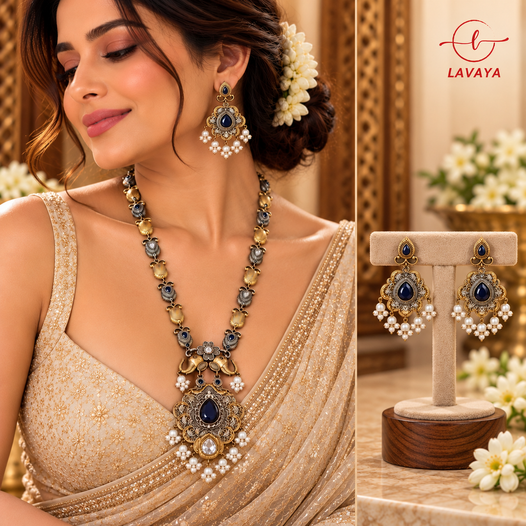Royal Sapphire Blue Stone Dual-Tone Peacock Motif Necklace Set with Pearl Drop Earrings