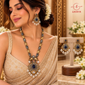 Royal Sapphire Blue Stone Dual-Tone Peacock Motif Necklace Set with Pearl Drop Earrings