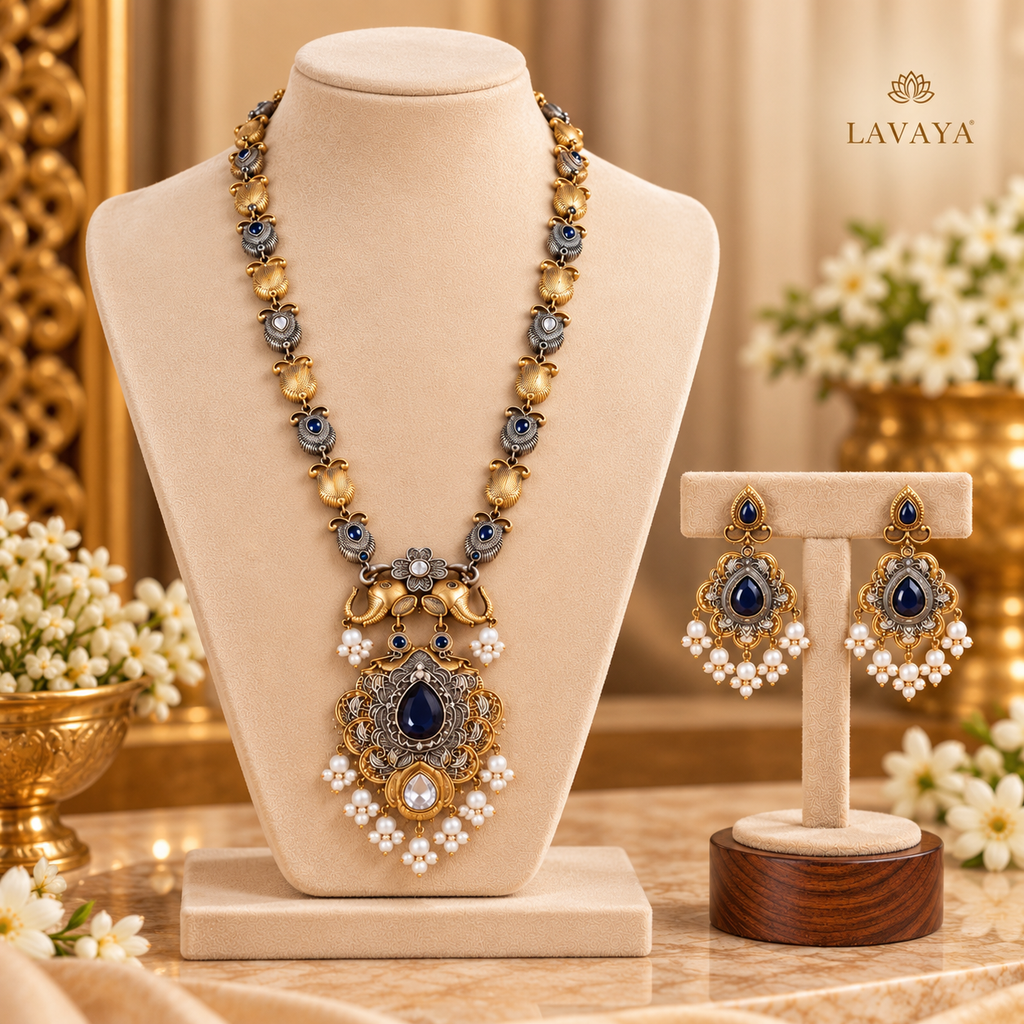 Royal Sapphire Blue Stone Dual-Tone Peacock Motif Necklace Set with Pearl Drop Earrings