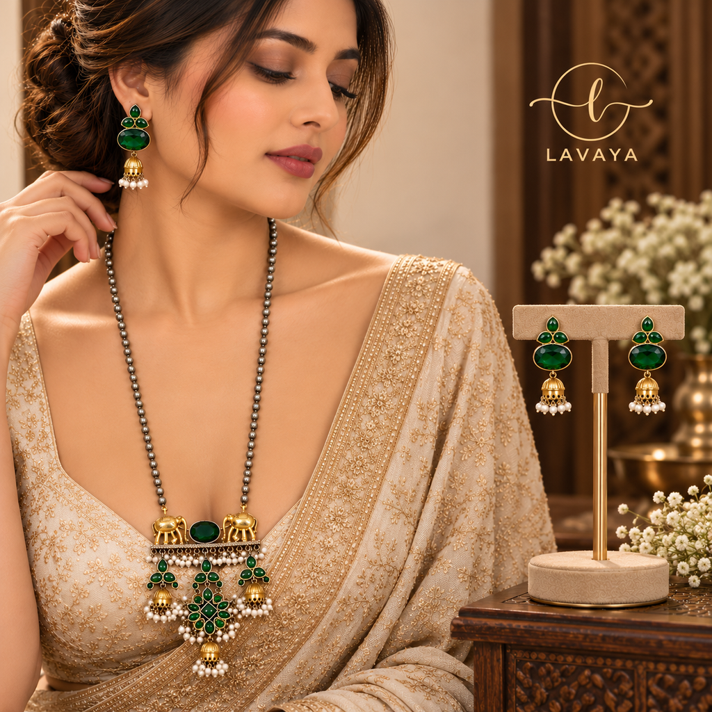 Royal Emerald Green Stone Elephant Motif Necklace Set with Pearl Drop Jhumka Earrings