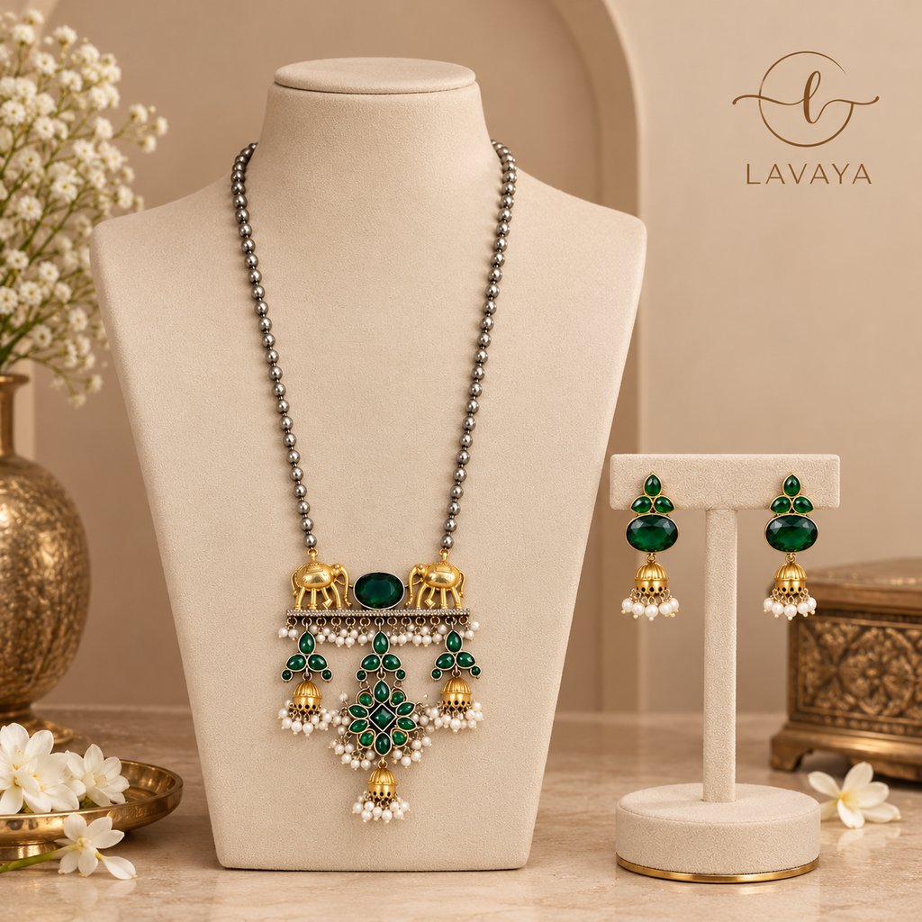 Royal Emerald Green Stone Elephant Motif Necklace Set with Pearl Drop Jhumka Earrings