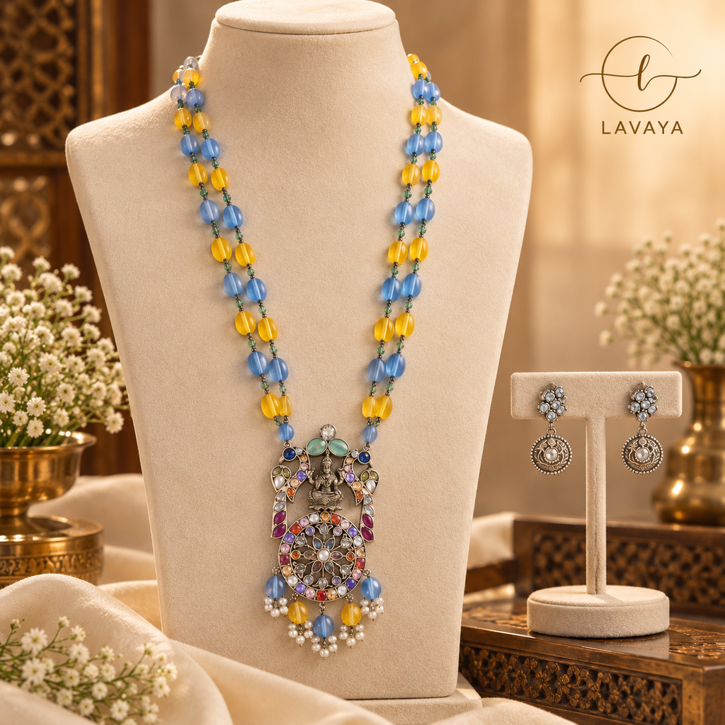 Royal Multicolor Stone Goddess Lakshmi Pendant Necklace Set with Blue & Yellow Beads and Matching Earrings