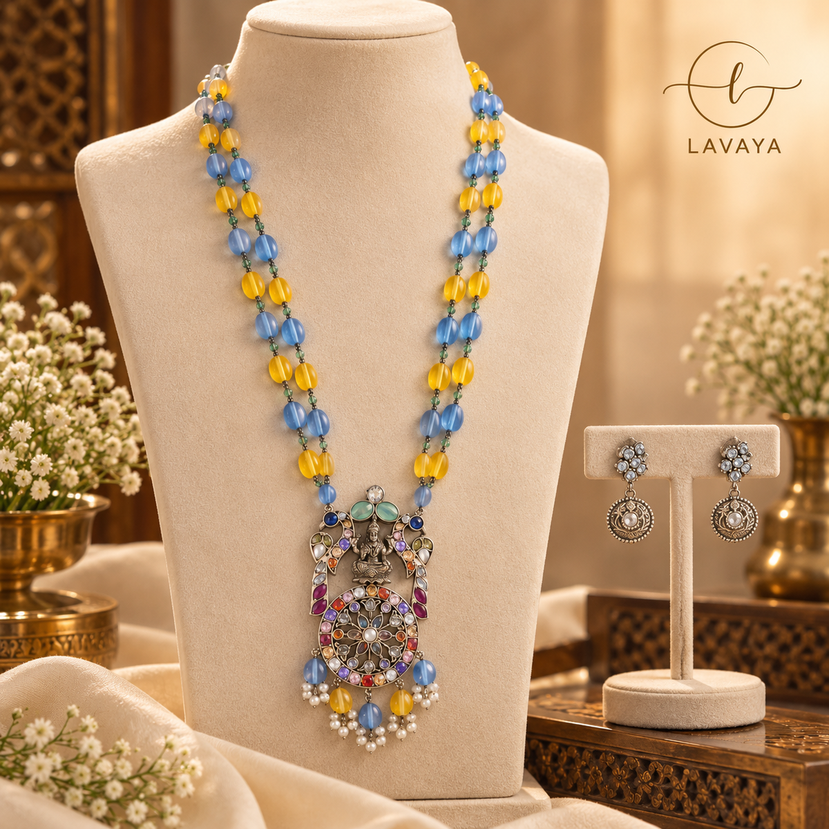 Royal Multicolor Stone Goddess Lakshmi Pendant Necklace Set with Blue & Yellow Beads and Matching Earrings
