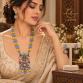 Royal Multicolor Stone Goddess Lakshmi Pendant Necklace Set with Blue & Yellow Beads and Matching Earrings
