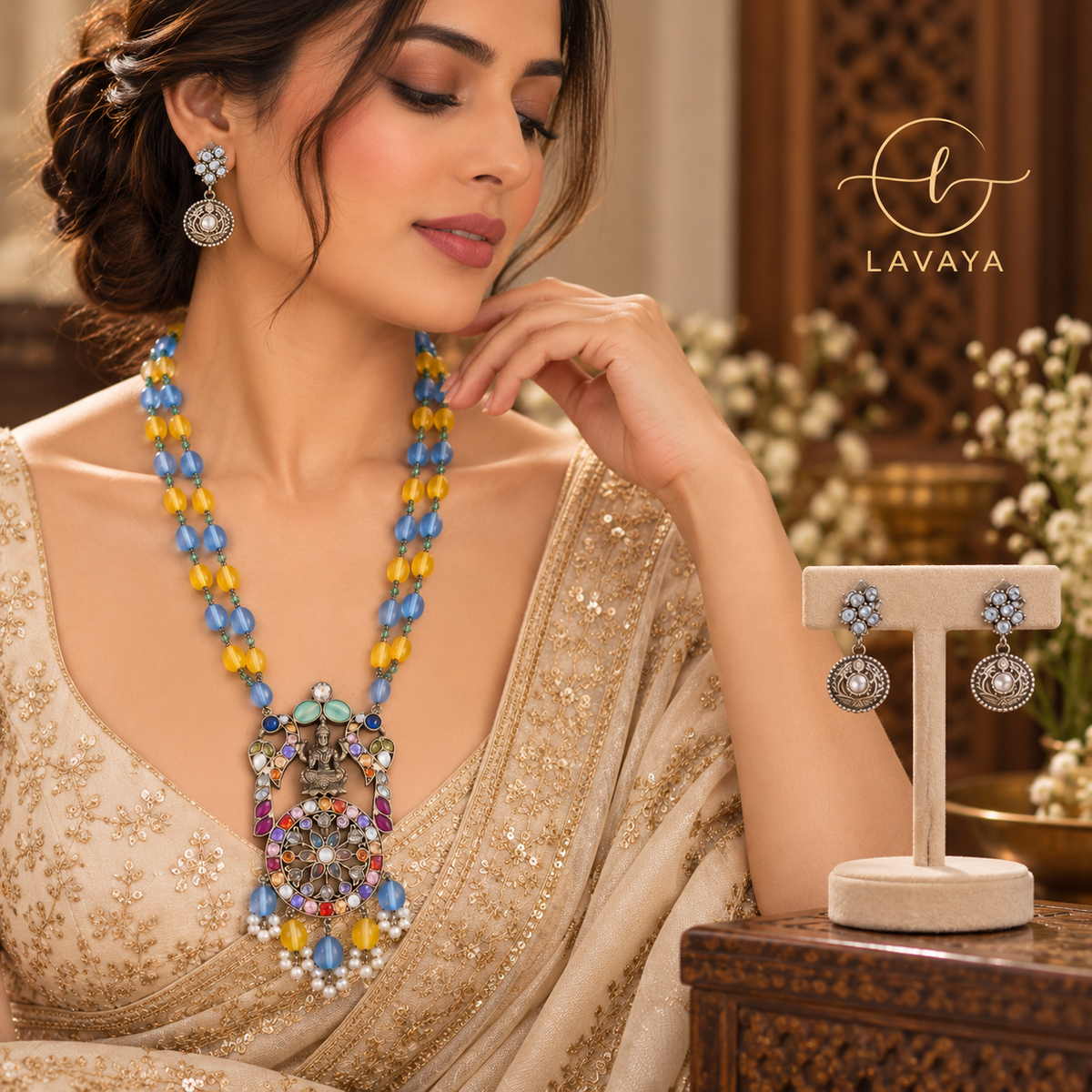 Royal Multicolor Stone Goddess Lakshmi Pendant Necklace Set with Blue & Yellow Beads and Matching Earrings