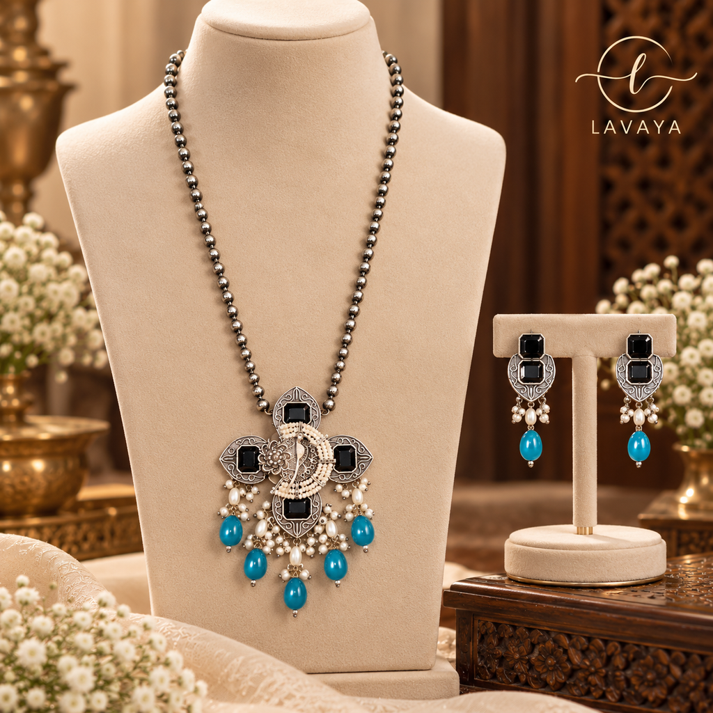 Royal Black Onyx Stone Oxidized Silver Necklace Set with Turquoise Blue Drops & Matching Earrings