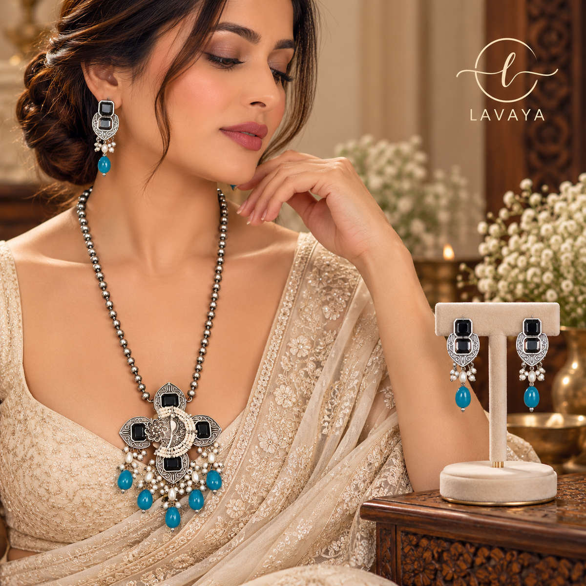 Royal Black Onyx Stone Oxidized Silver Necklace Set with Turquoise Blue Drops & Matching Earrings