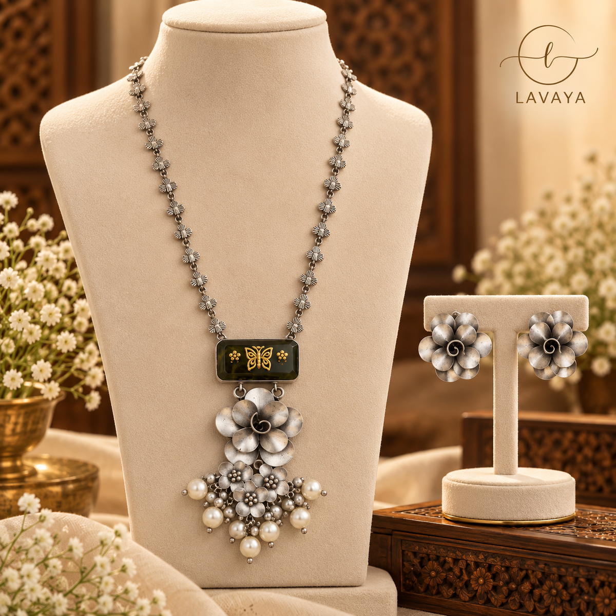 Royal Antique Silver Floral Necklace Set with Butterfly Motif & Pearl Drop Pendant