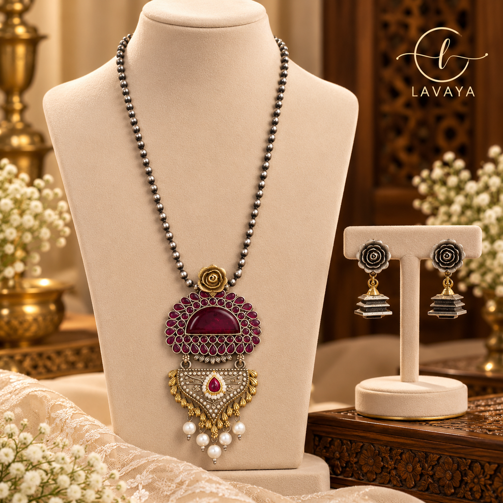 Royal Ruby Red Stone Antique Gold & Oxidized Silver Pendant Necklace Set with Floral Jhumka Earrings
