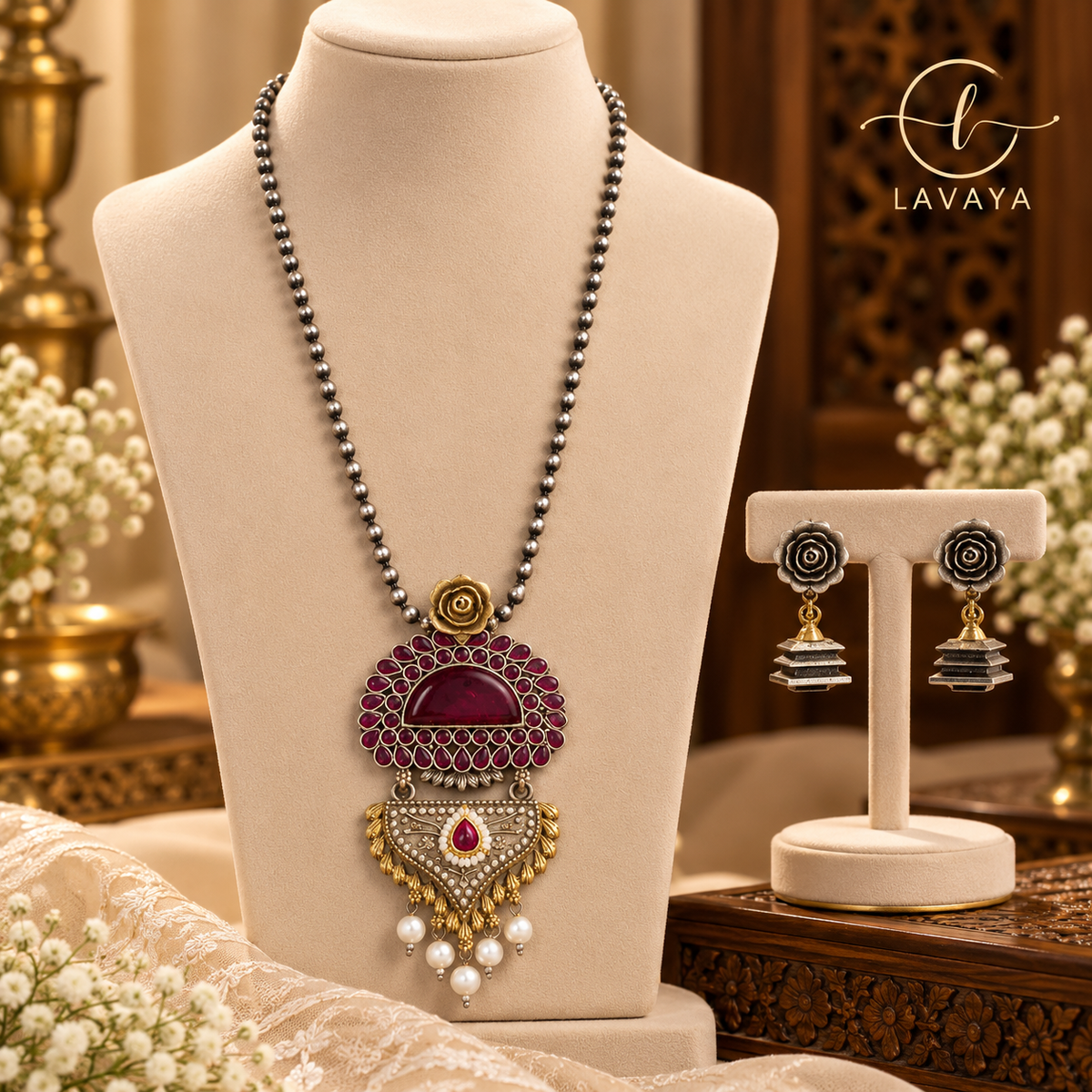 Royal Ruby Red Stone Antique Gold & Oxidized Silver Pendant Necklace Set with Floral Jhumka Earrings