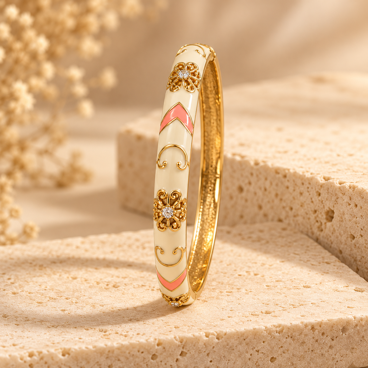 Elegant Ivory & Blush Pink Enamel Gold-Tone Floral Bangle Bracelet