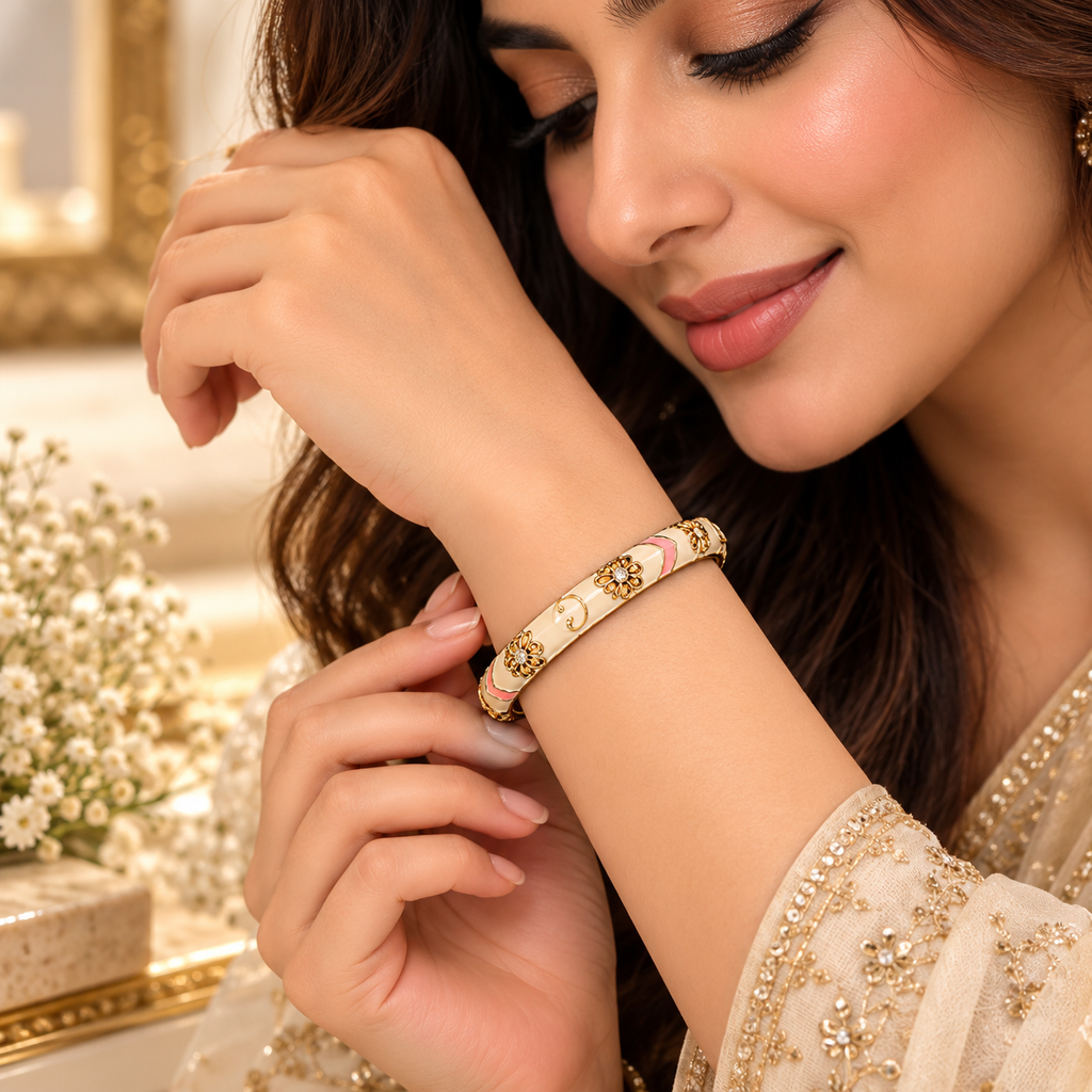 Elegant Ivory & Blush Pink Enamel Gold-Tone Floral Bangle Bracelet