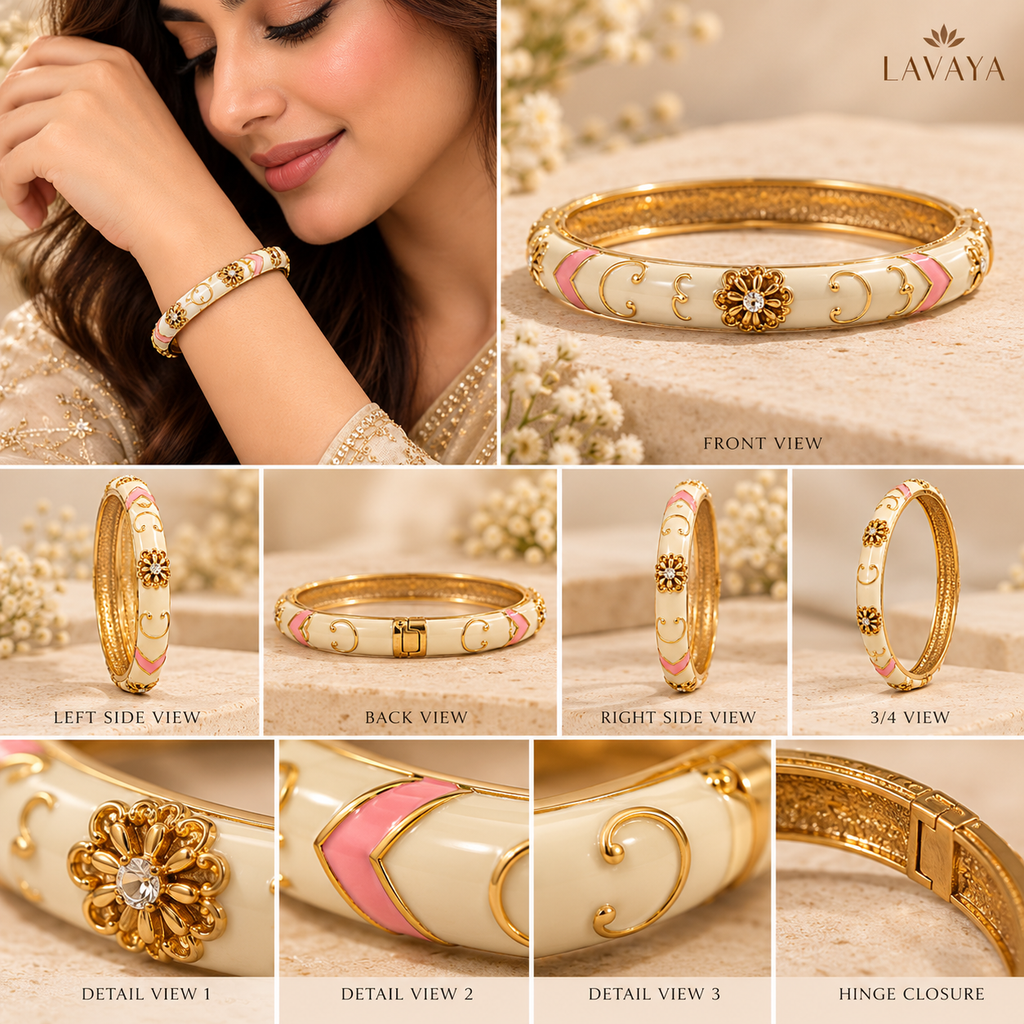 Elegant Ivory & Blush Pink Enamel Gold-Tone Floral Bangle Bracelet