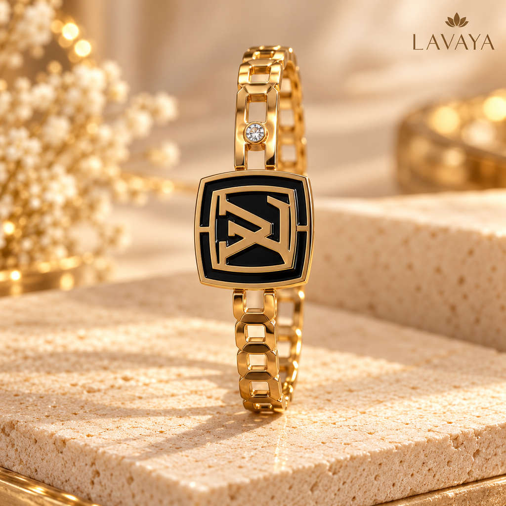 Luxury Black Enamel Gold-Tone Geometric Link Bracelet with Statement Monogram Design