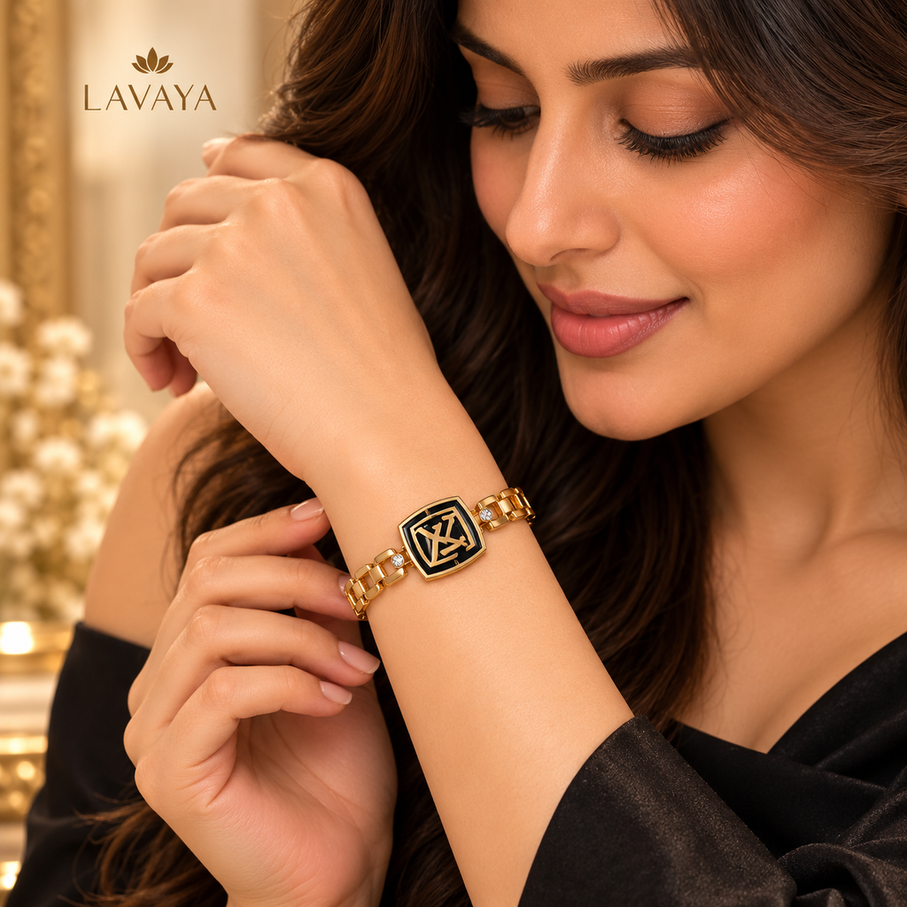 Luxury Black Enamel Gold-Tone Geometric Link Bracelet with Statement Monogram Design