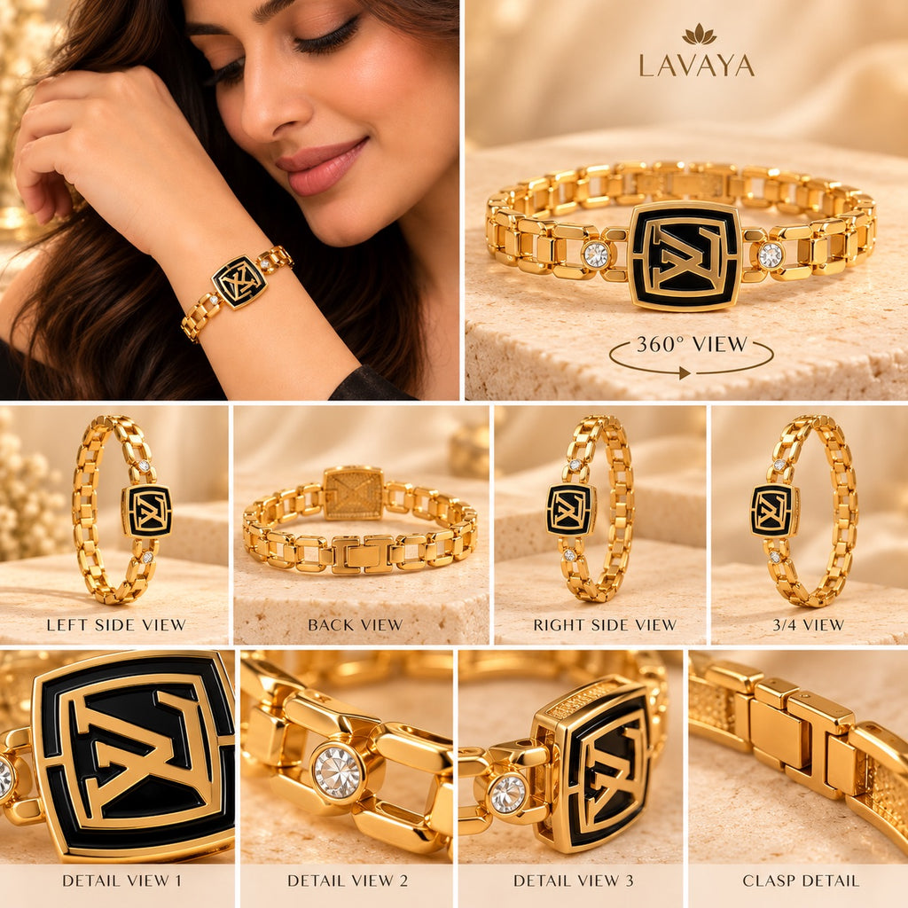Luxury Black Enamel Gold-Tone Geometric Link Bracelet with Statement Monogram Design