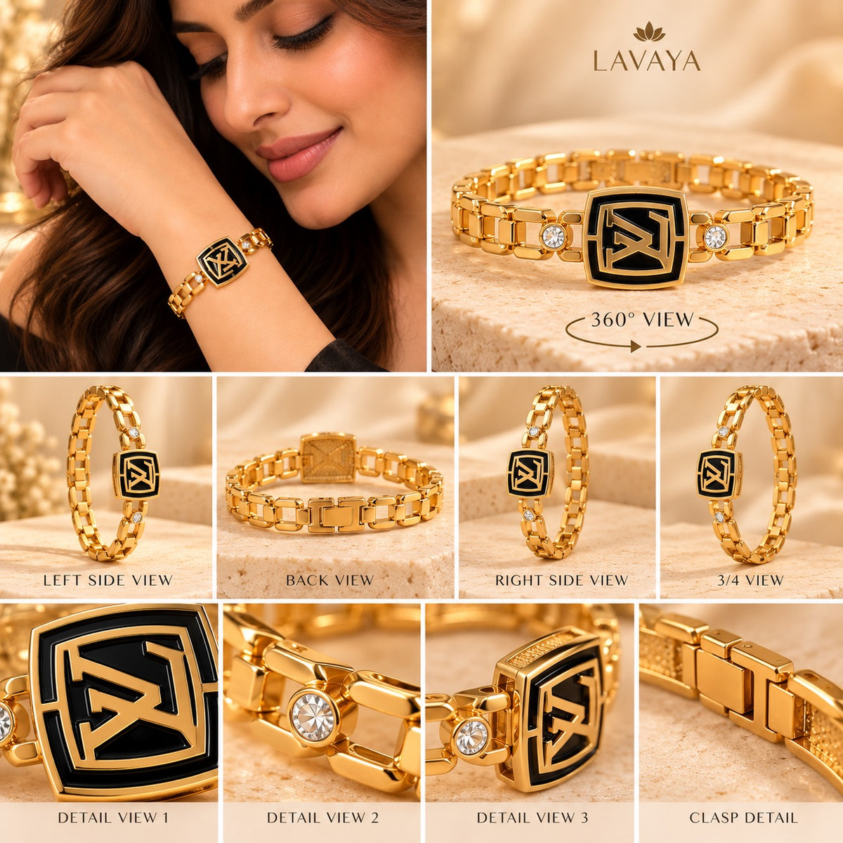Luxury Black Enamel Gold-Tone Geometric Link Bracelet with Statement Monogram Design