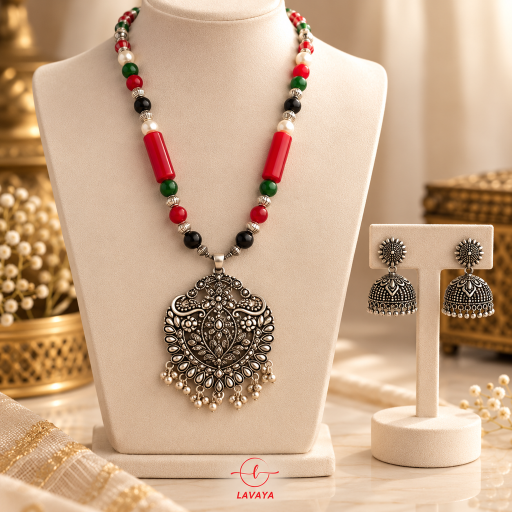 Royal Multicolor Beaded Oxidized Silver Peacock Motif Necklace Set with Pearl Jhumka Earrings
