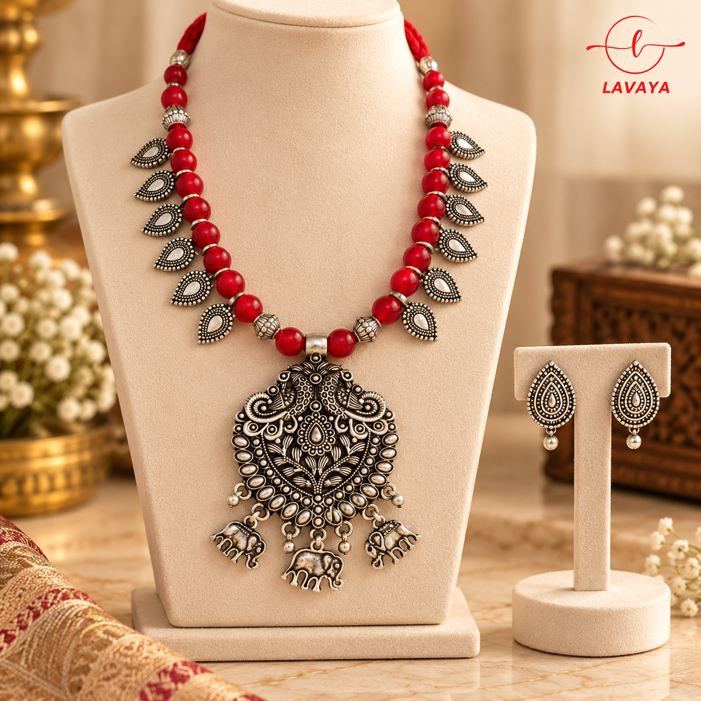 Royal Red Beaded Oxidized Silver Elephant Charm Necklace Set with Matching Drop Earrings