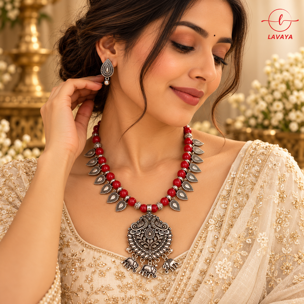 Royal Red Beaded Oxidized Silver Elephant Charm Necklace Set with Matching Drop Earrings