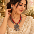 Royal Red Beaded Oxidized Silver Elephant Charm Necklace Set with Matching Drop Earrings