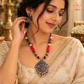 Royal Multicolor Beaded Oxidized Silver Peacock Motif Necklace Set with Pearl Jhumka Earrings