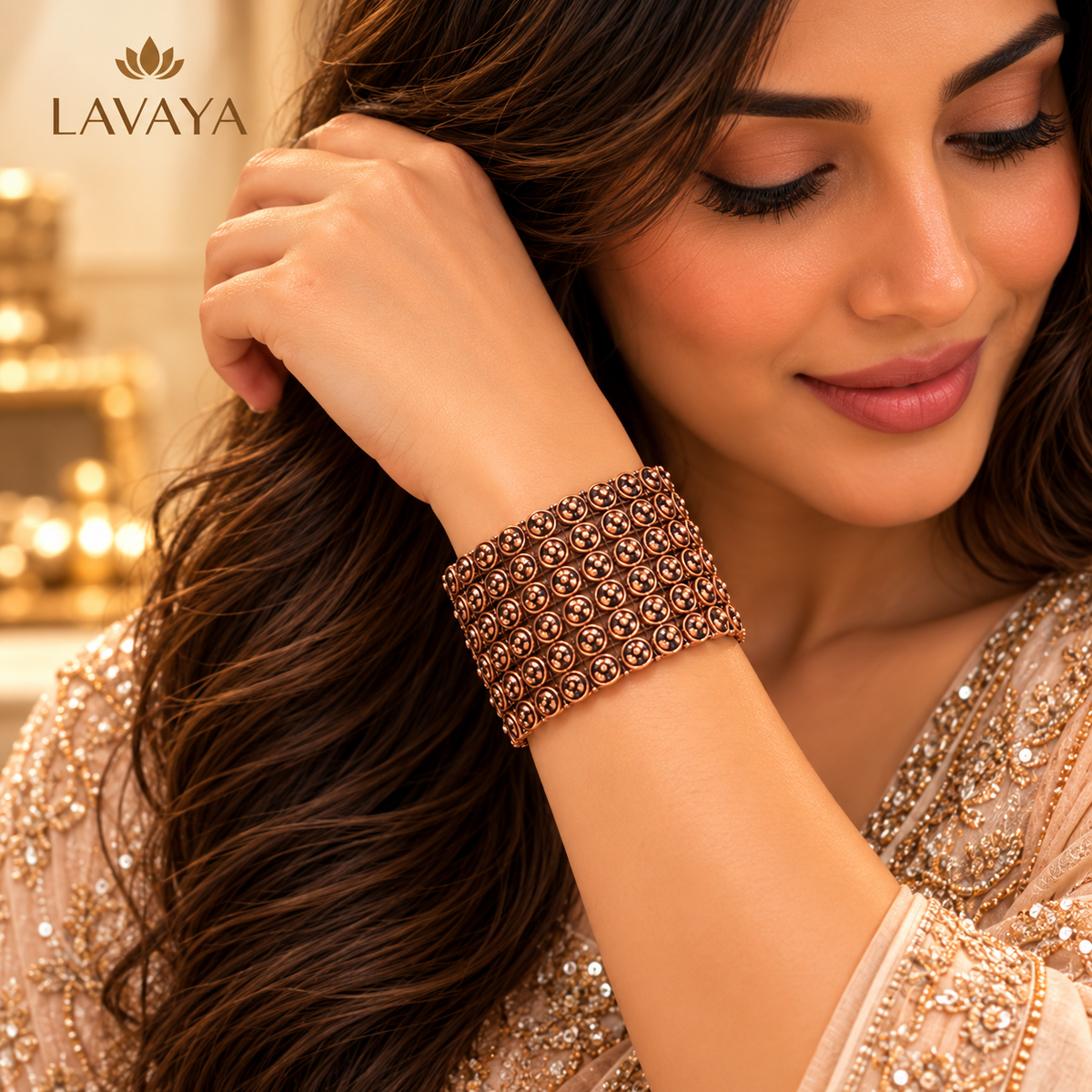 Lavaya Antique Copper-Tone Wide Statement Cuff Bracelet with Circular Embossed Design