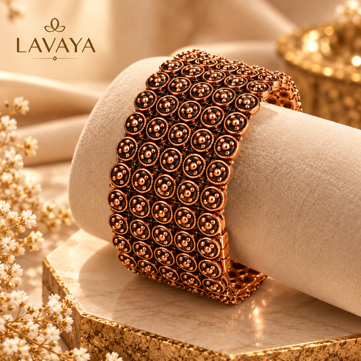 Lavaya Antique Copper-Tone Wide Statement Cuff Bracelet with Circular Embossed Design
