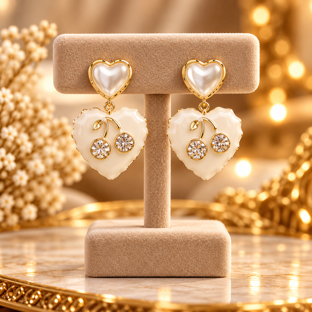 Heart & Crystal Cherry Drop Earrings