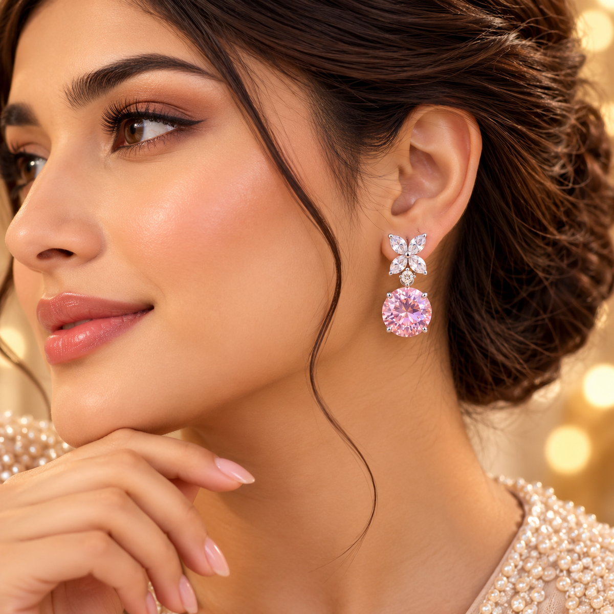Pink Crystal Butterfly Drop Earrings
